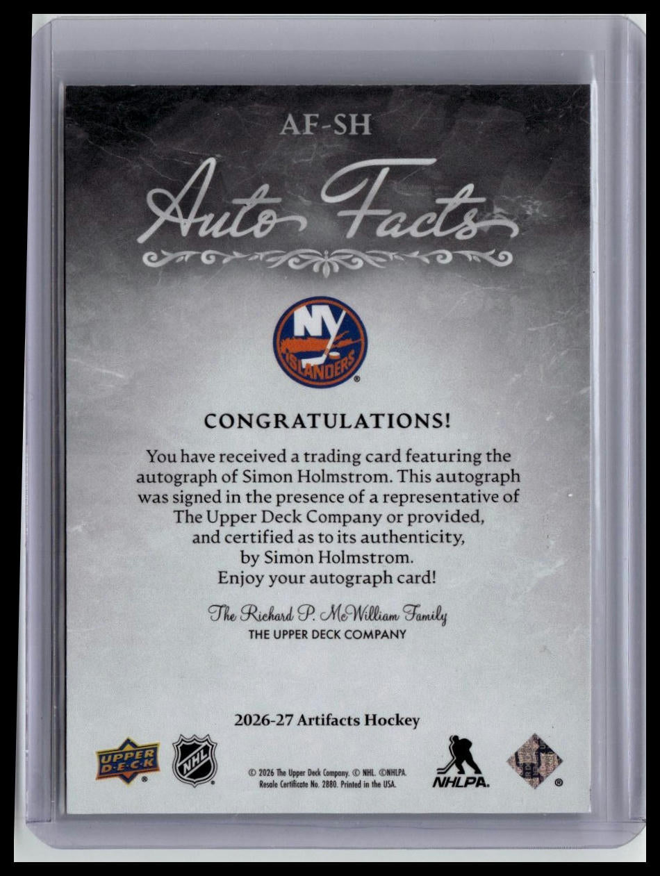 2026-27 Upper Deck Artifacts #AF-SH Simon Holmstrom Autograph Facts