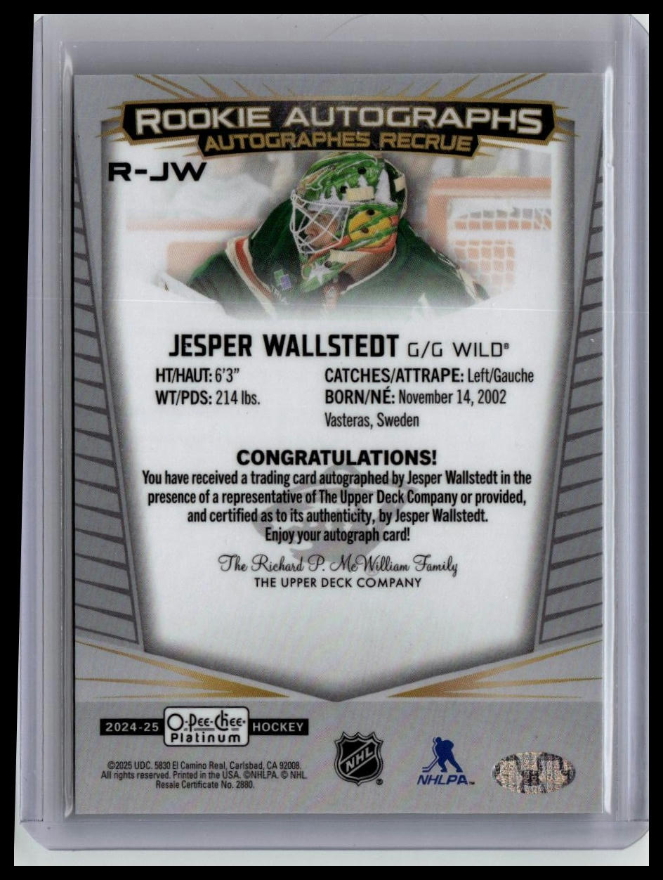 2024-25 O-Pee-Chee Platinum #R-JW Jesper Wallstedt Rookie Autographs