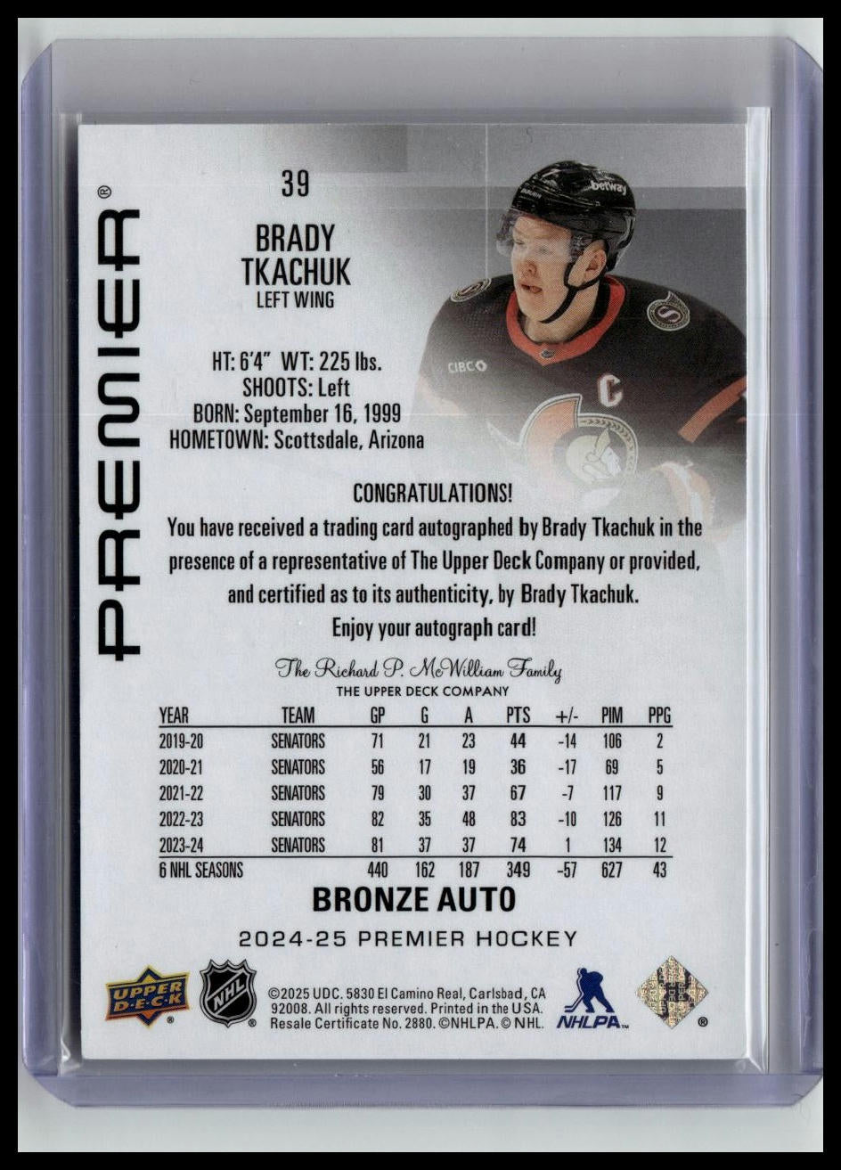 2024-25 Upper Deck Premier #39 Brady Tkachuk Bronze Auto