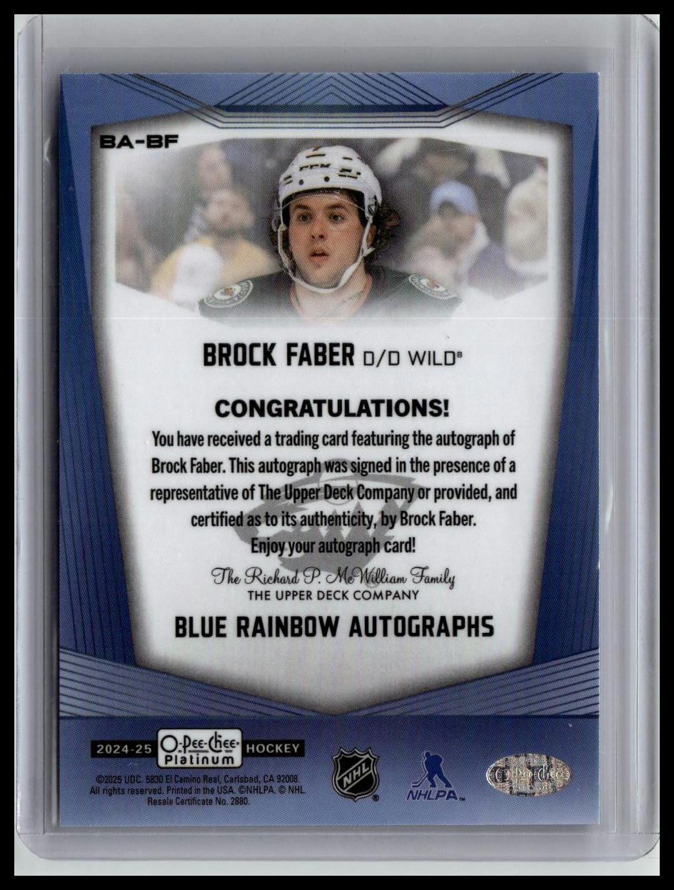 2024-25 O-Pee-Chee Platinum #BA-BF Brock Faber Blue Rainbow Autographs