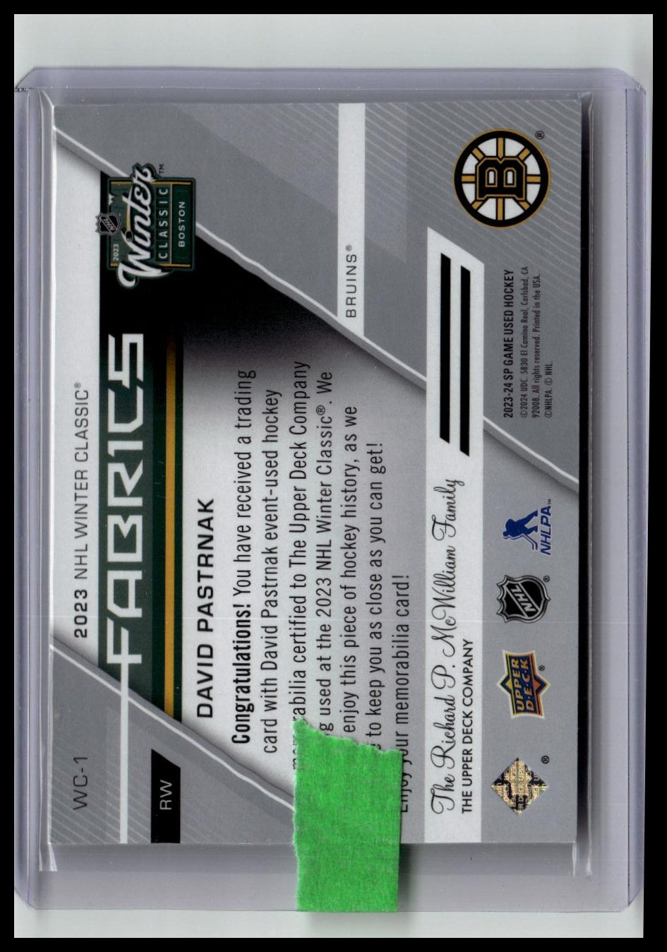 2023-24 SP Game Used #WC-1 David Pastrnak 2023 Winter Classic Fabrics