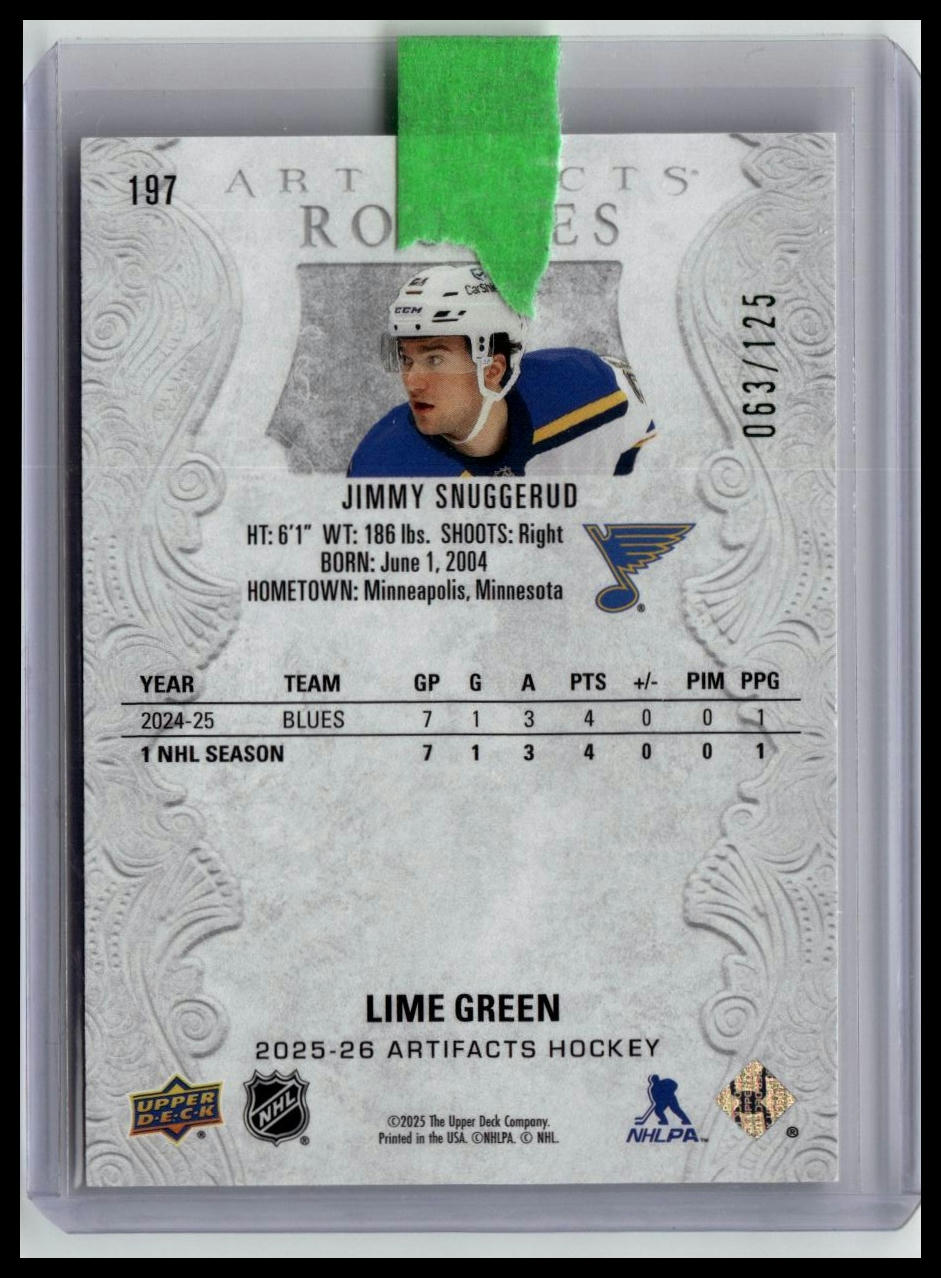 2025-26 Upper Deck Artifacts #197 Jimmy Snuggerud Lime Green #/125