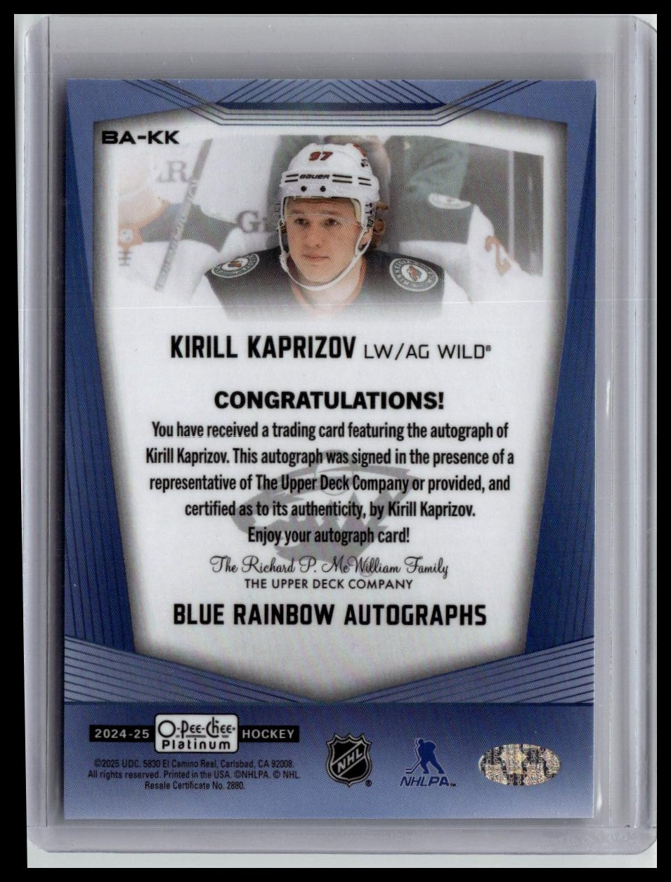 2024-25 O-Pee-Chee Platinum #BA-KK Kirill Kaprizov Blue Rainbow Autographs