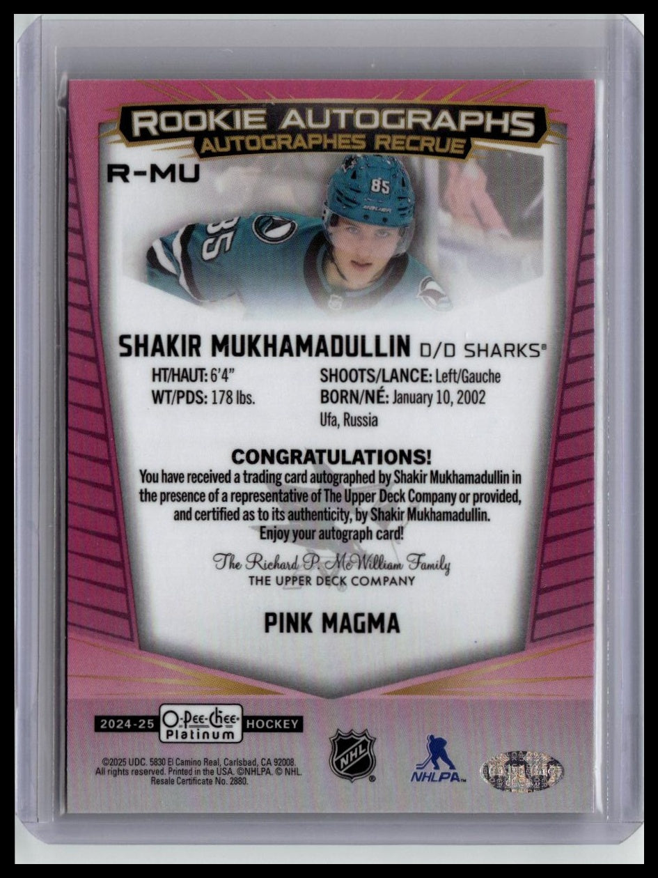 2024-25 O-Pee-Chee Platinum #R-MU Shakir Mukhamadullin Rookie Auto Pink Magma