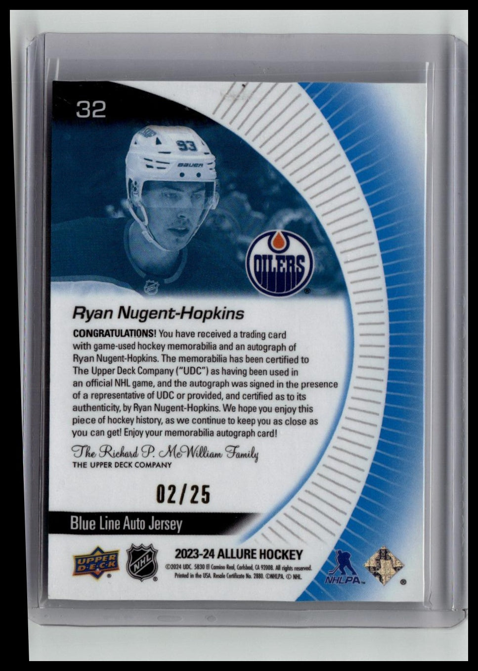 2023-24 Upper Deck Allure #32 Ryan Nugent-Hopkins Auto Jersey Blue Line #/25