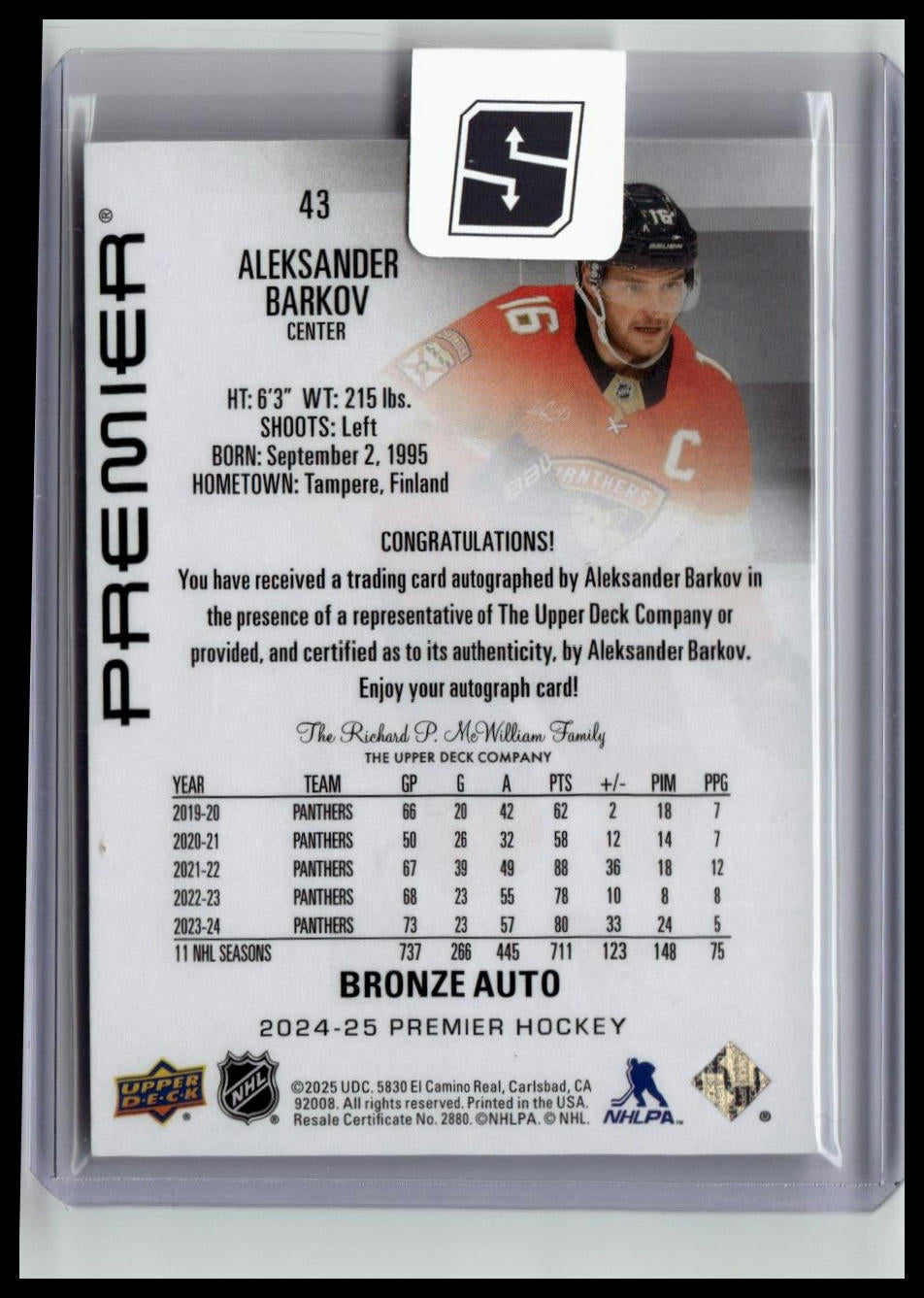 2024-25 Upper Deck Premier #43 Aleksander Barkov Bronze Auto