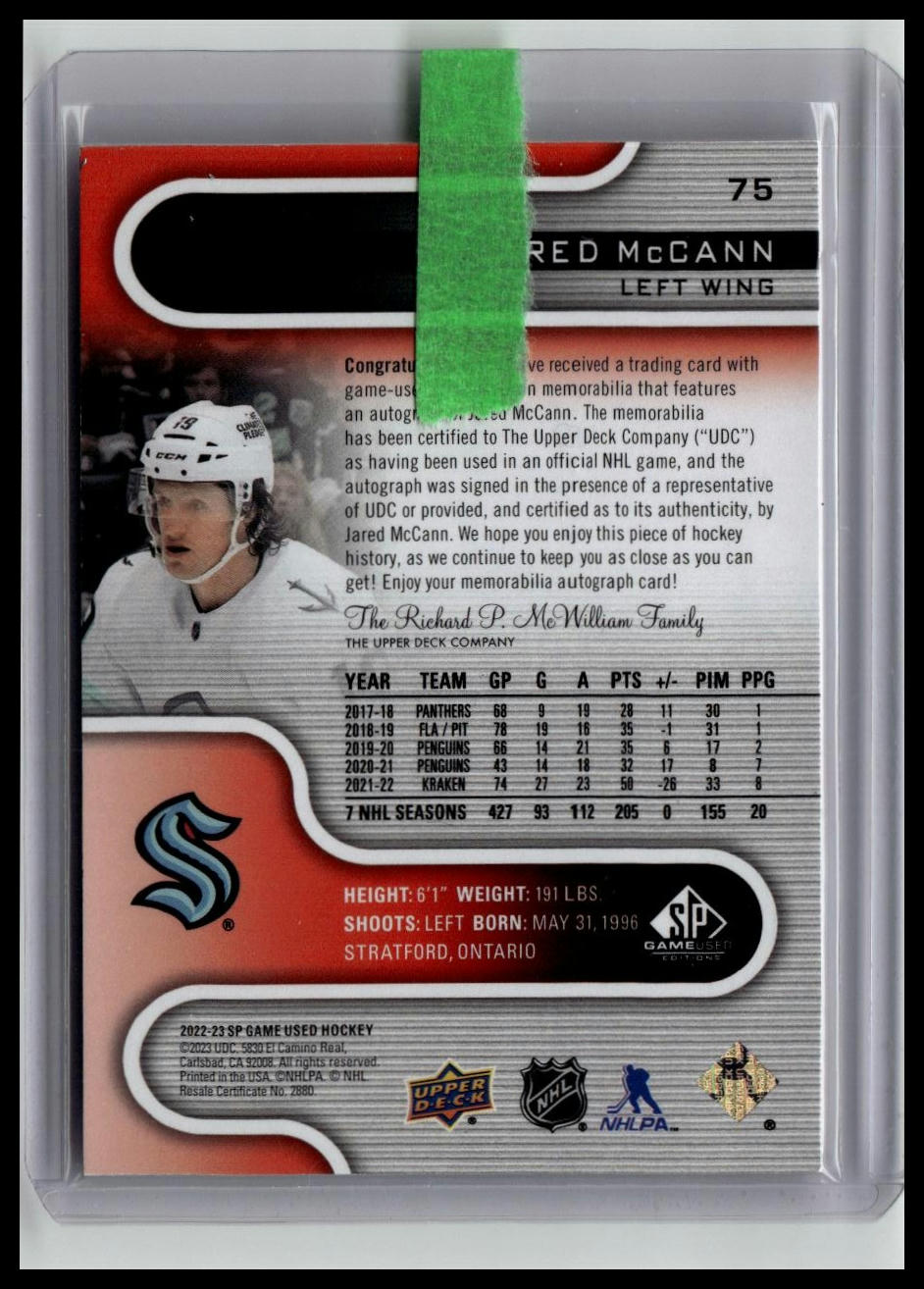 2022-23 SP Game Used #75 Jared McCann Red Jersey Auto #/149