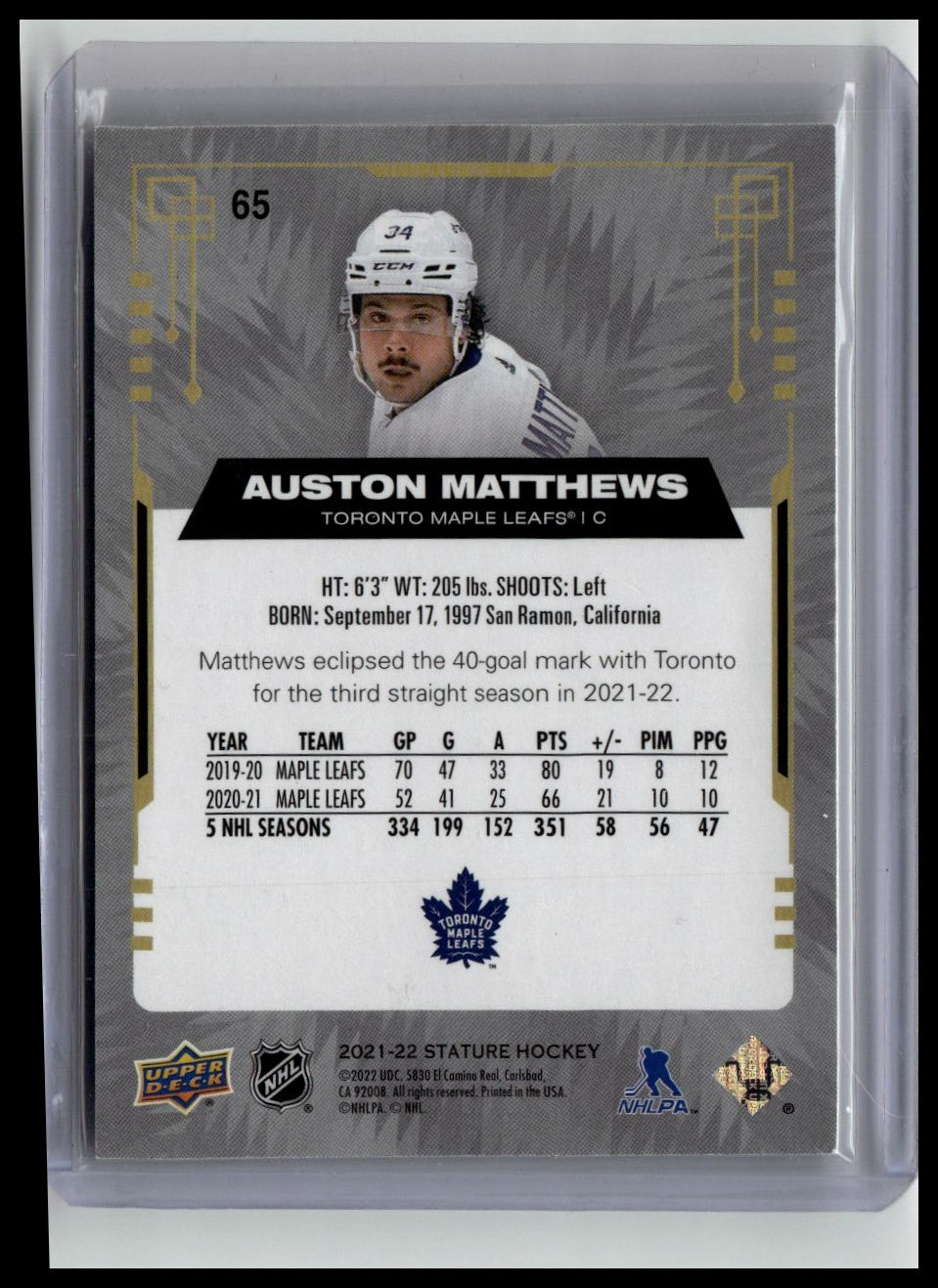 2021-22 Upper Deck Stature #65 Auston Matthews Photo Variant Green #/66