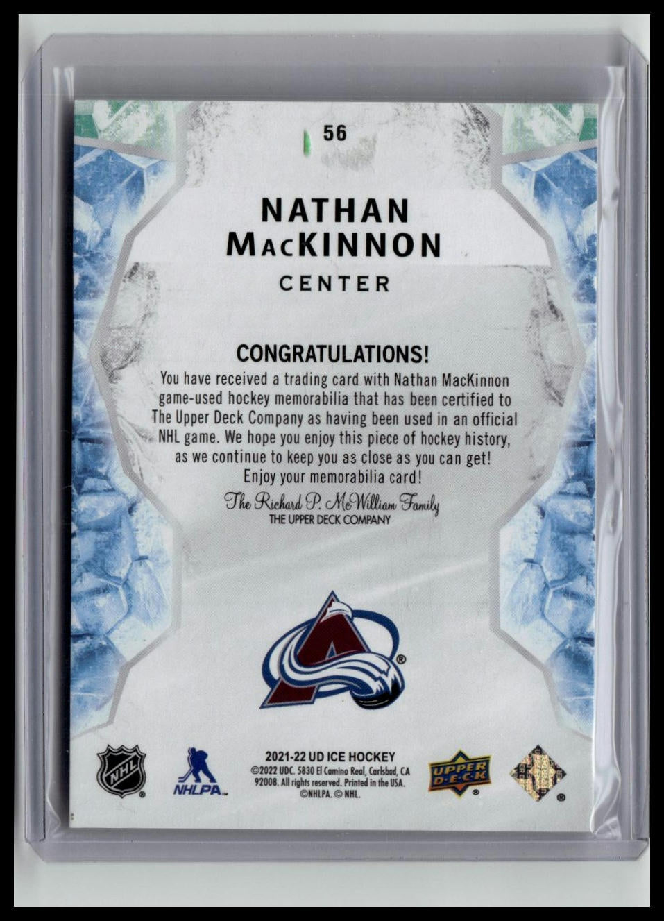 2021-22 Upper Deck Ice #56 Nathan MacKinnon Jersey