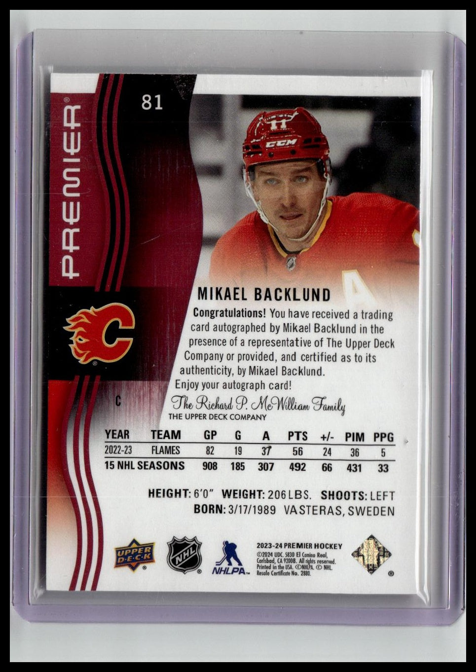 2023-24 Upper Deck Premier #81 Mikael Backlund Auto