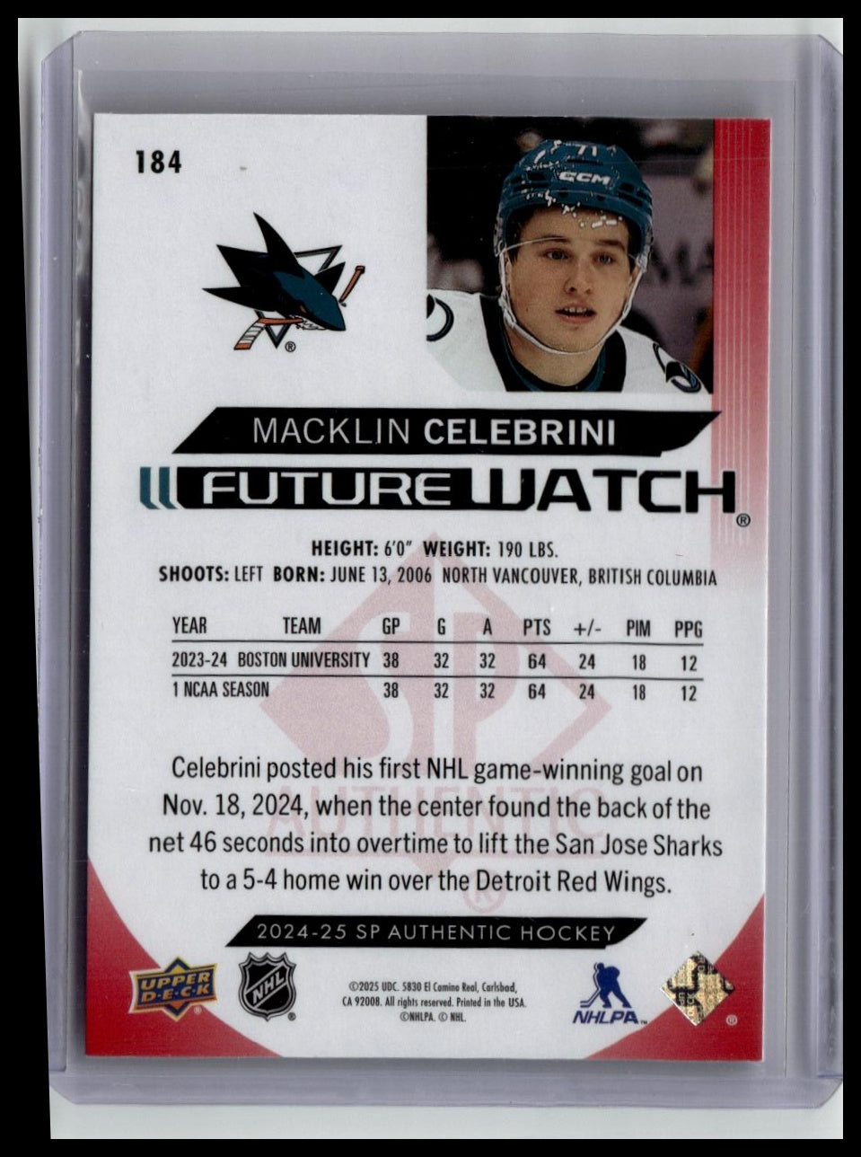 2024-25 SP Authentic #184 Macklin Celebrini Limited Red