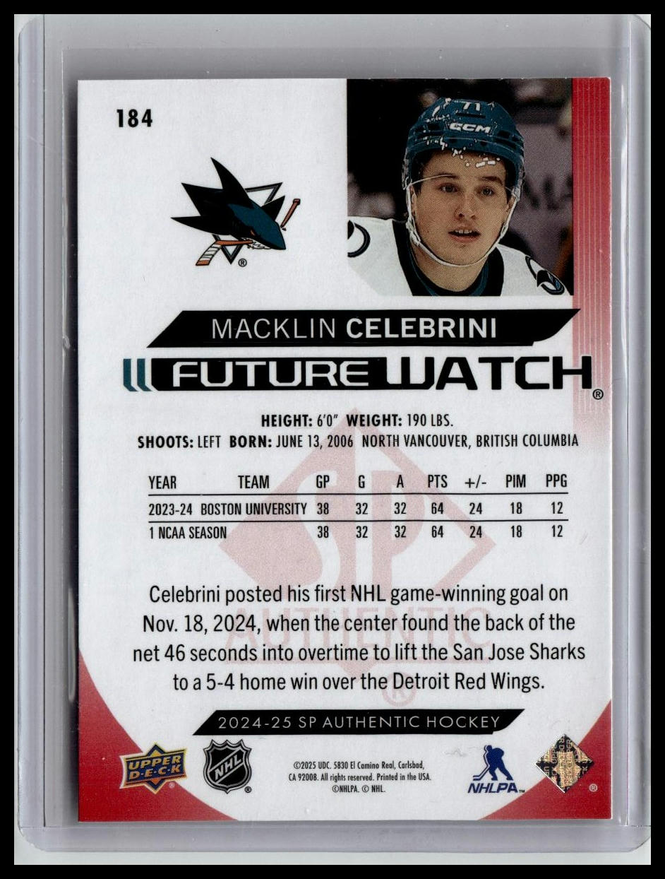 2024-25 SP Authentic #184 Macklin Celebrini Limited Red