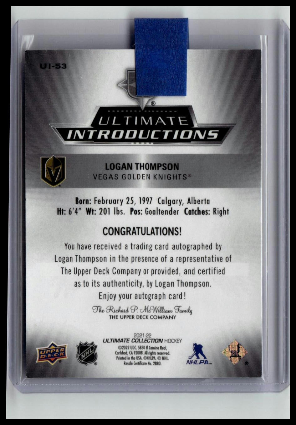 2021-22 Upper Deck Ultimate #UI-53 Logan Thompson Ultimate Introductions Auto