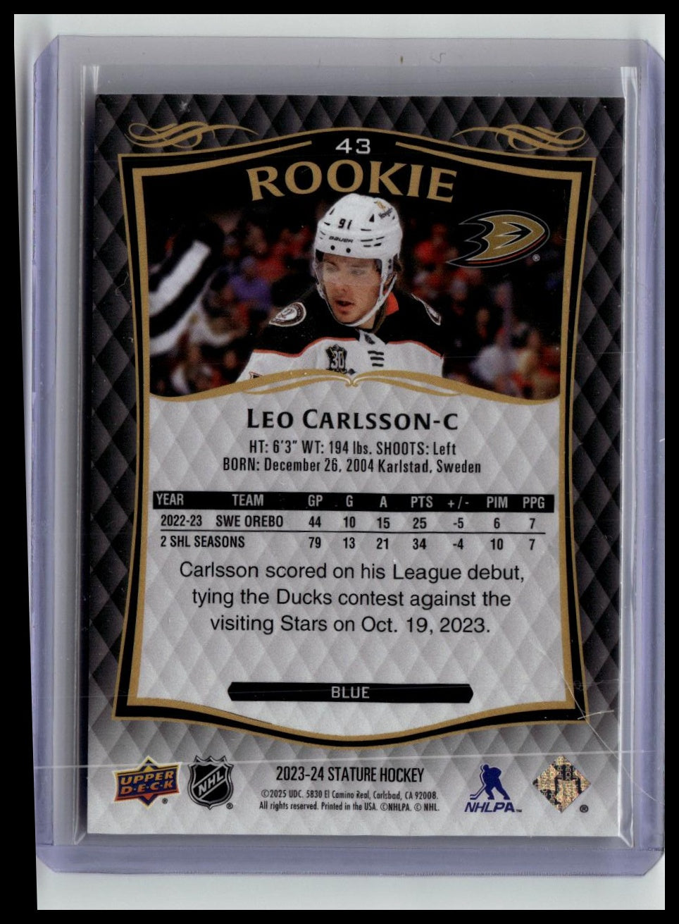 2024-25 Upper Deck Stature #43 Leo Carlsson 2023-24 Upper Deck Stature Blue #/99