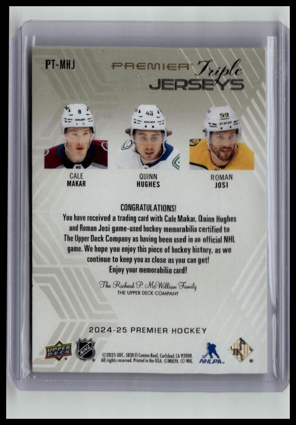 2024-25 UD Premier #PT-MHJ Makar / Hughes / Josi Premier Triple Jersey #/49