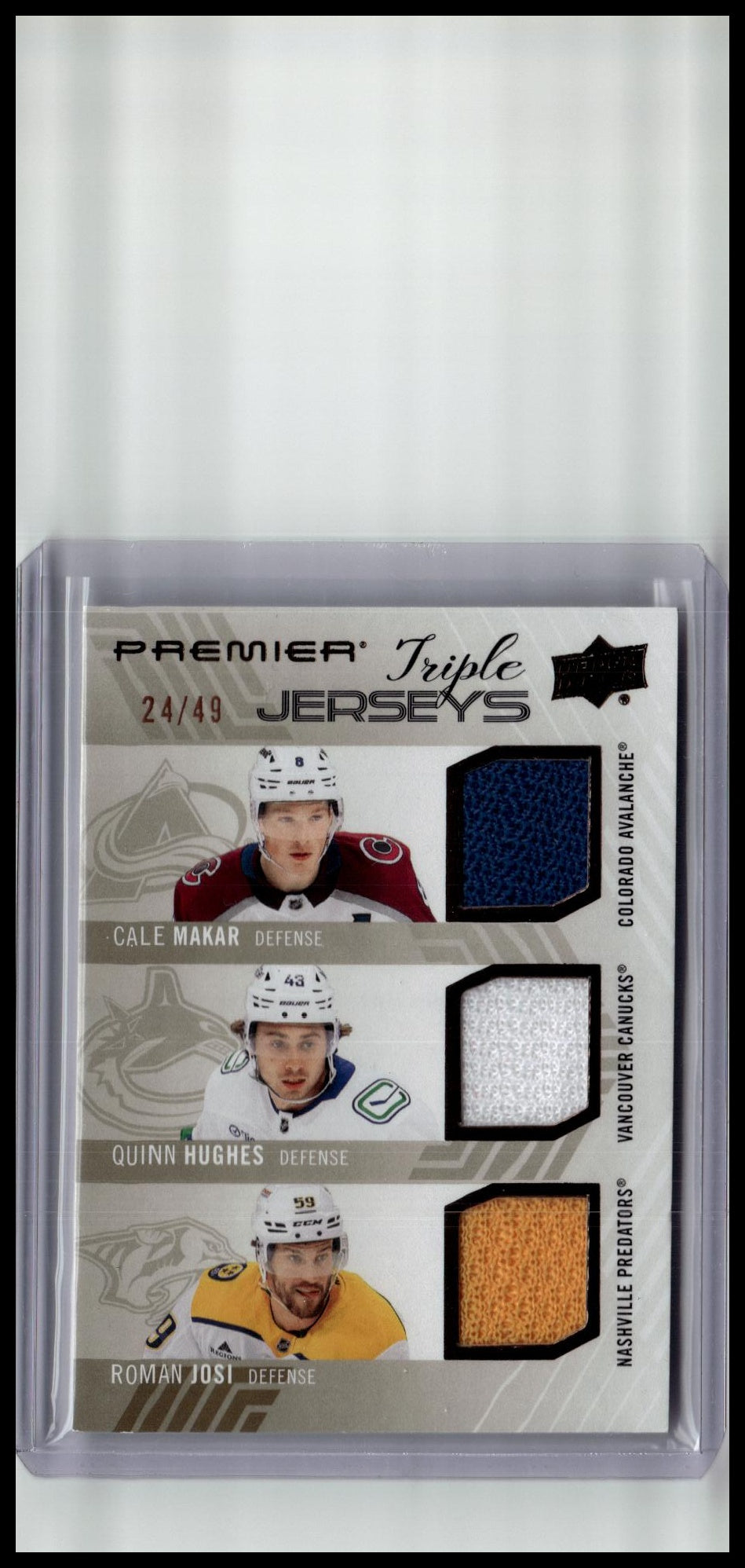 2024-25 UD Premier #PT-MHJ Makar / Hughes / Josi Premier Triple Jersey #/49