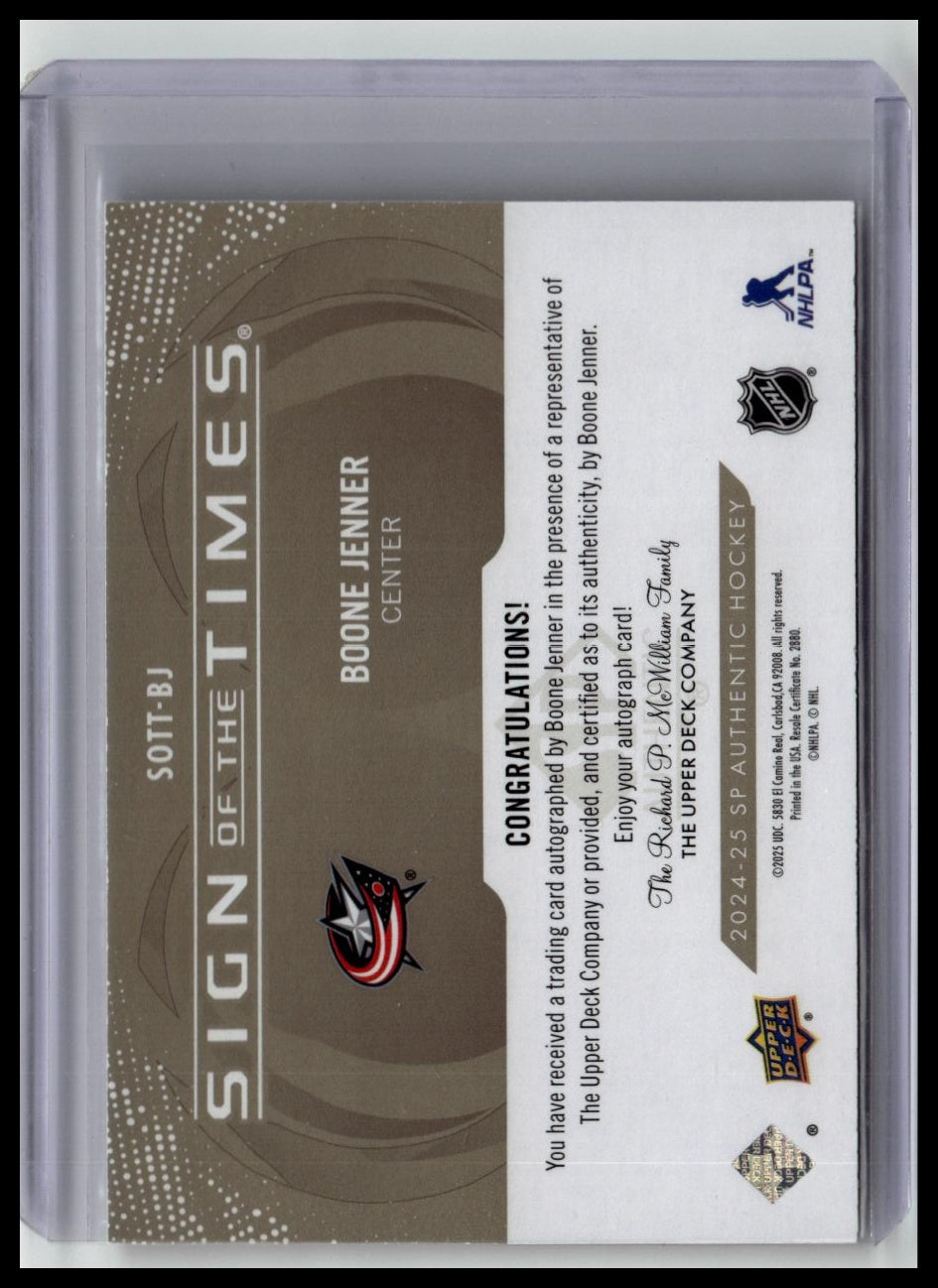 2024-25 SP Authentic #SOTT-BJ Boone Jenner Sign of the Times Black #/99