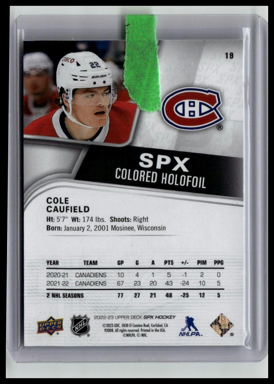 2022-23 SPx #19 Cole Caufield Colored HoloFoil #/149